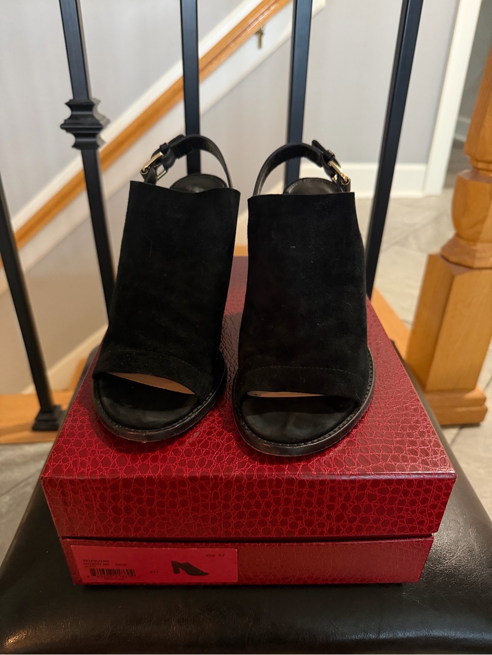 Tamara Mellon Element 100 Black Suede Open-Toe Slingback Heels